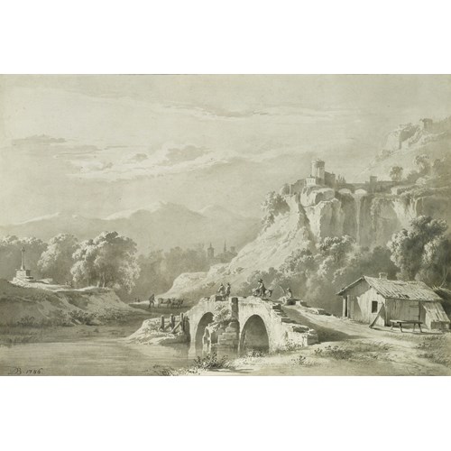 An Extensive Mountainous Landscape with Travellers on a Bridge by a Cottage, a Town seen beyond